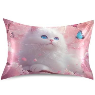 Imagem de Capas de almofada de cetim gato flor de cerejeira rosa para cabelo king queen padrão almofada moderna refrescante travesseiro cama presentes de vida saudável, tamanho Queen, 76,2 cm x 50,8 cm