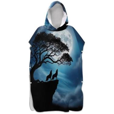 Imagem de Joisal Cool Wolves Tree Moon Surf Poncho Trocador para Adul Ponchos Adultos Reutilizáveis para Mulheres Toalha de Banho com Capuz de Praia