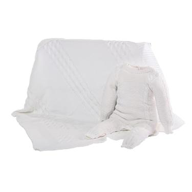 Imagem de Kit Saída Maternidade Unissex, Jardineira com Casaco e Manta, Tricô Poliéster, Liso, 3 Peças, Casaco 22cm, Jardineira 52cm, Manta 75x75cm