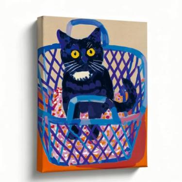 Imagem de Decoração de parede de gato, impressão em tela de gatinho preto na cesta, ilustração de arte pop divertida, arte de parede de berçário e quarto, ideia de presente para amantes de animais de estimação
