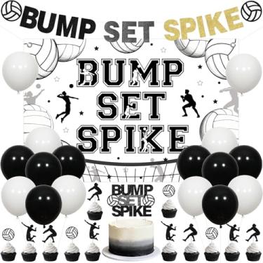 Imagem de Sursurprise Decorações de festa de vôlei, conjunto de batidas, faixa de fundo de ponta, topo de bolo, topo de vôlei, cupcake, balões para aniversário, chá de bebê, esportes, artigos de festa