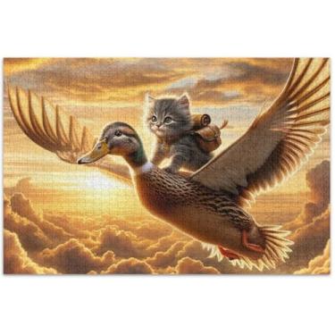 Imagem de Quebra-cabeça de gato gatinho fofo pato voador 1000 peças pintura animal adulto decoração paisagem quebra-cabeça elefante branco presentes de festa, 75 x 40 centímetros