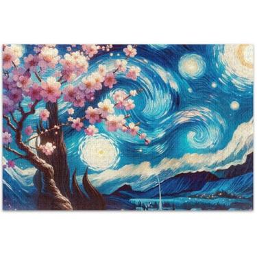Imagem de Quebra-cabeça personalizado noite estrelada flor de cerejeira adulto 500 peças de arte de brinquedo familiar quebra-cabeças legais para adultos, presentes de jogo, 51 x 35 centímetros