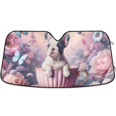 Imagem de Guarda-sol personalizado buldogue floral rosa carro para-brisa para-sol engraçado universal dobrável caminhão automotivo para-brisa proteção de para-sol M, 139,7 cm x 70,1 cm