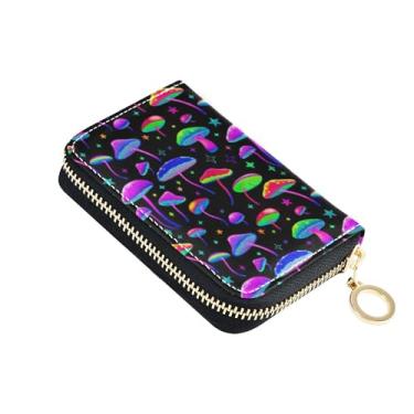 Imagem de Carteira feminina com zíper de couro, porta-cartões, bloqueio de RFID, colorido, cogumelos, porta-moedas, carteira com zíper