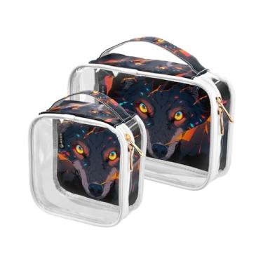 Imagem de GAIGEO Conjunto de bolsa cosmética transparente de baleia marinha com textura retrô, bolsa de viagem para cuidados com a pele, acessórios de viagem cosméticos, pacote com 2, Wolf Behind Black Wall