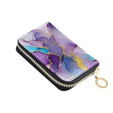 Imagem de Carteira feminina abstrata roxa dourada com porta-cartões de couro com bloqueio de RFID com zíper e porta-chaves