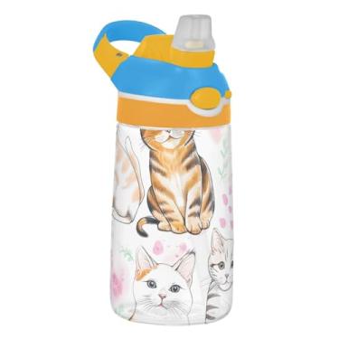 Imagem de Garrafa de água branca infantil fofa para gatos aquarela para escola, 473 ml Tritan 473 ml garrafa de água esportiva com canudo, copos de viagem reutilizáveis para crianças, portátil, alça de