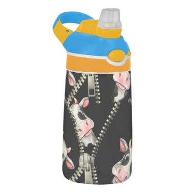 Imagem de Garrafa de água Cows Behind com zíper aberto para crianças, 473 ml, reutilizável, esportiva, com tampa de palha, 473 ml, copo infantil portátil Tritan à prova de vazamento, alça de transporte