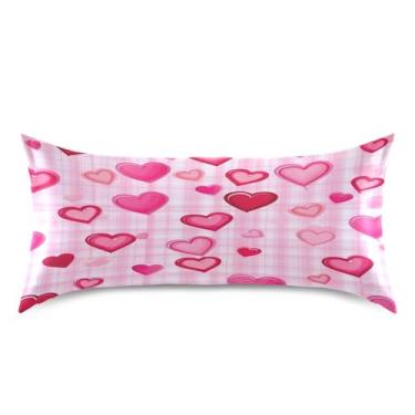 Imagem de Blueangle Fronha de cetim refrescante para cabelo e pele, capa de travesseiro de corações rosa, tamanho king size 50,8 x 101,6 cm com fecho de envelope (172)