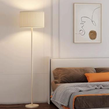 Imagem de Luminária de chão com cúpula de tecido em formato de tambor, estilo nórdico minimalista, ideal para leitura em ambientes internos. Luminária vertical moderna e elegante para sala de estar.
