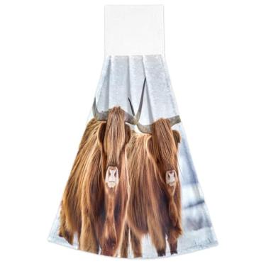 Imagem de Joitme Toalhas de mão de vaca Highland marrom de inverno com desenho animado para cozinha, toalhas de chá de forno altamente absorventes, conjunto de 2, toalha de cozinha fofa decorativa 47 x 35 cm
