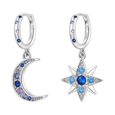 Imagem de Brincos De Argola Com Estrela E Lua Em Prata Esterlina 925 Para Mulher