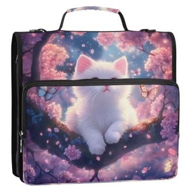 Imagem de Gatinho fofo gato alegre flor alegre 3,8 cm 3 fichários anel D organizador de fichário escolar bolsa de fichário com alça de ombro grande vários bolsos pasta grande portfólio