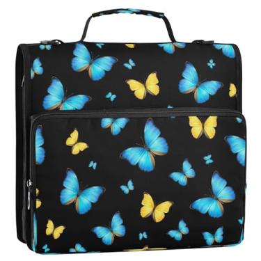 Imagem de Bolsa organizadora de fichário com zíper preto borboletas amarelas azuis, fichário de 3 anéis com alça de ombro, suporte de pasta de vários bolsos para escola ou escritório