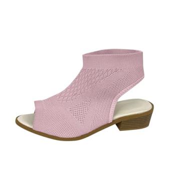 Imagem de Sandálias femininas de malha arejada boca de peixe bico aberto salto bloco baixo sem cadarço para uso casual primavera verão, rosa, 36