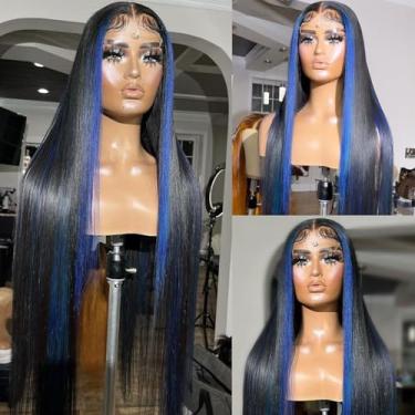 Imagem de ANDRIA 13X4 Hd Lace Front Wigs Azul Destaque Em Cabelo Preto Longo Liso Peruca Sintética Pré-Selecionada Sem Cola Fibra Resistente Ao Calor Colorida Com Bebê Para Mulheres 24"