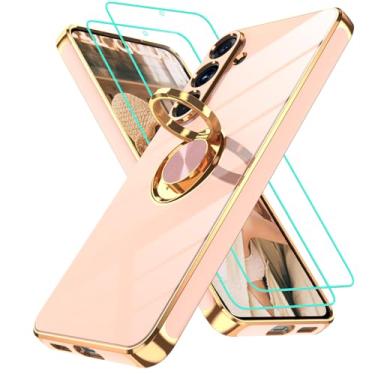 Imagem de Gritup Capa para Samsung Galaxy S25 FE | 2 peças protetoras de tela | Suporte magnético de rotação de 360°, capa protetora à prova de choque de TPU macio com borda dourada banhada a ouro para S25 FE