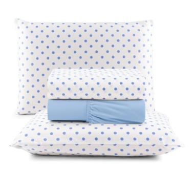 Imagem de Jogo de Cama Casal 4 Peças Micropercal 200 Fios Toque Aveludado com Elástico e Fronhas(Poá Branco c/Azul,Casal)
