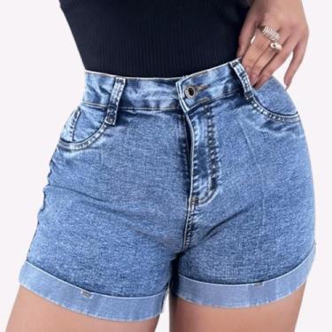 Imagem de Short Jeans Feminino com Lycra Marmorizado Cós Alto Fecho em Botão e Z