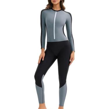 Imagem de Maiô feminino Rash Guard de manga comprida com proteção solar com estampa esportiva, maiô inteiro FPS 50+, Cinza, X-Small