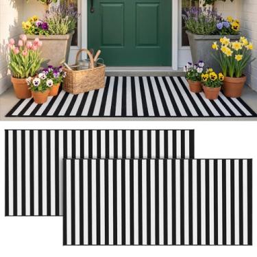 Imagem de Drydiet 2 peças de tapete preto e branco para ambientes externos, 6 x 1,3 m, tapete listrado para porta da frente, tapete de algodão lavável, moderno e simples, tapetes de boas-vindas ao ar livre para