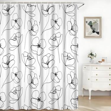 Imagem de TTQYFNM Cortina de chuveiro com desenho floral abstrato minimalista moderno arte preto branco flores contemporâneas banheiro banheira decoração impermeável tecido poliéster conjunto de cortina de