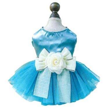 Imagem de JAAQUCD Vestido de cachorrinho azul para cães pequenos com nó de laço lindos vestidos de casamento para meninas elegantes roupas de cachorro para festa de animais de estimação, vestido de baile para