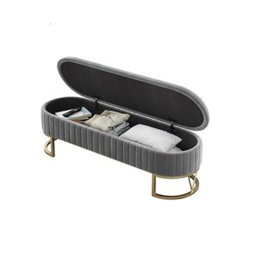 Imagem de Banco de armazenamento moderno - Otomano para quarto, extremidade da cama, banco de entrada, banco de veludo moderno para o pé da cama, banco estofado com pernas douradas decorativas (cinza, 100 x 45