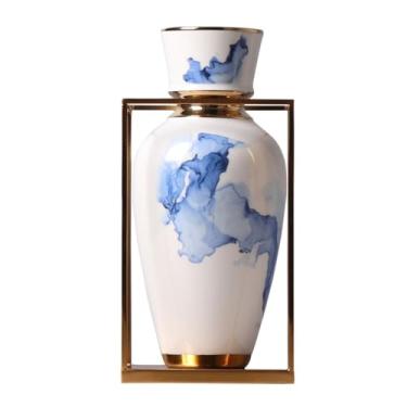 Imagem de Moderno retrô chinês azul e branco porcelana fluindo nuvem padrão vaso cerâmica sala de estar arranjo de flores decoração de mesa de chá ornamento centros de mesa