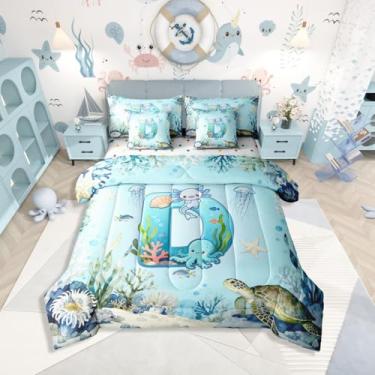 Imagem de Erosebridal Conjunto de cama solteiro Axolotl azul, 7 peças, letra D, desenho fofo, animal, oceano, para crianças, meninos, meninas, alfabeto, monograma, salamandra