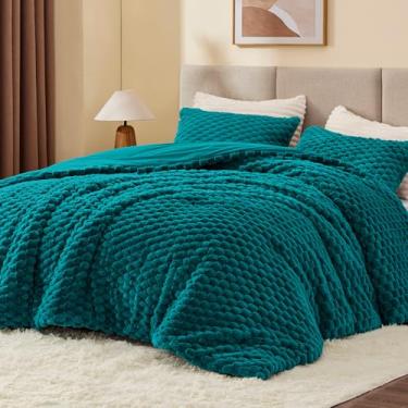 Imagem de BEDELITE Conjunto de edredom queen fofo - edredom macio de lã azul-petróleo para cama queen size, conjunto de cama quente de luxo para o inverno, conjunto de cama felpuda 3 peças (1 edredom, 2 fronhas