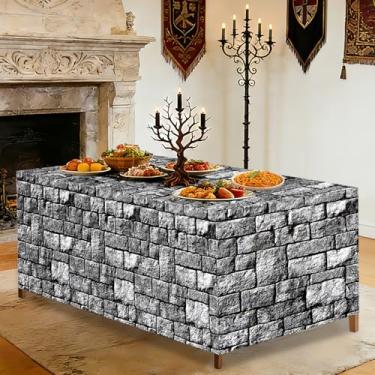 Imagem de party greeting Toalha de mesa de parede de pedra de tijolo de 1,8 m, coberturas de mesa de paralelepípedos, tecido lavável, poliéster, retangular, decoração de mesa para decoração de festa de