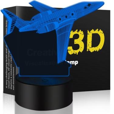 Imagem de XINYUANLAI Lâmpada de mesa de avião com ilusão 3D, luz noturna de 7 cores, mudança gradual automática, luzes LED alimentadas por USB com interruptor de toque para presentes infantis, decoração de casa