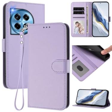 Imagem de Capa carteira para OnePlus 12R 5G, capa fina de couro com compartimentos para cartões, alça de pulso e suporte, capa protetora à prova de choque para homens e mulheres (roxo claro)