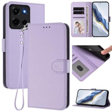 Imagem de Capa carteira para Motorola Moto Edge 70, capa fina de couro com compartimentos para cartões, alça de pulso e suporte, capa protetora à prova de choque para homens e mulheres (roxo claro)