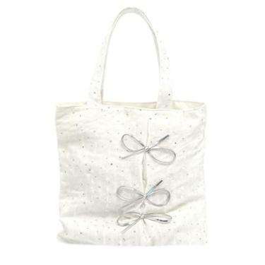 Imagem de Bolsa de ombro feminina de lona de grande capacidade com laço macio elegante bolsa diária, Branco