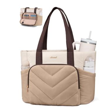 Imagem de LOVEVOOK Bolsa feminina acolchoada em V com zíper, grande bolsa de ombro para trabalho, viagem, enfermeira, professora, Marrom cáqui, M-15.6 inch