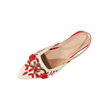 Imagem de Sandálias planas femininas bordadas com bico fino fechado para ocasiões casuais de primavera e verão., Vermelho, 39