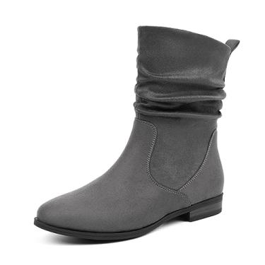 Imagem de VJH confort Botas femininas de cano médio, bico redondo amêndoa, salto baixo, confortável, botas despojadas, Cinza, 38