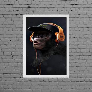 Imagem de Quadro Macaco Com Headphone 45X34Cm Com Vidro Moldura Branca
