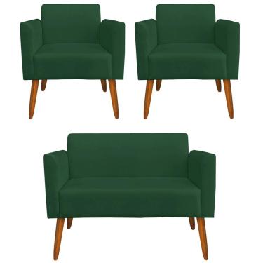 Imagem de Conjunto Namoradeira e 2 Poltronas Decorativas Isabella Pés Palito Madeira Suede Verde - Gran Belo