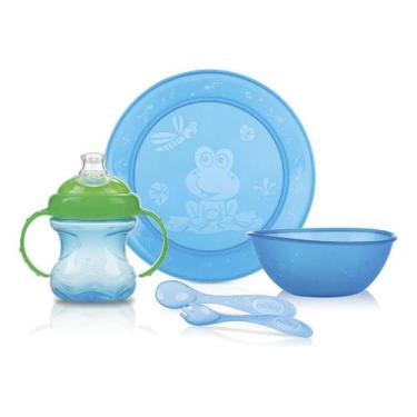Imagem de Kit Alimentação Infantil Copo Prato Bowl Talheres 5 Peças - Nuby, Azul
