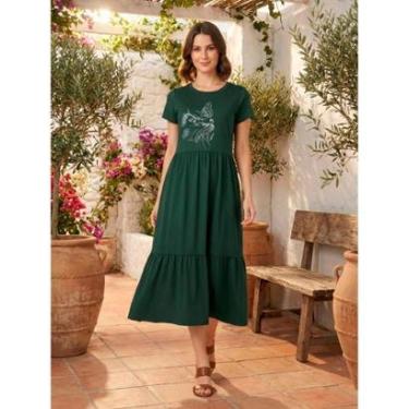 Imagem de Vestido Midi Três Marias Feminino Aveloz Estampa Gato Verde-Feminino