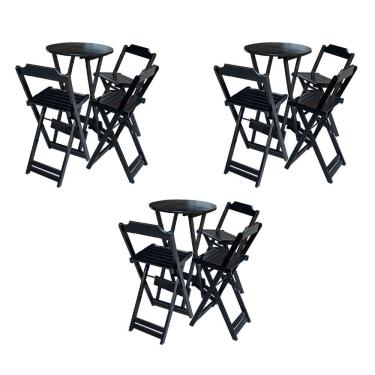 Imagem de Kit 3 Jogos De Mesa Bistrô De Madeira Dobrável Com 3 Banquetas - Preto