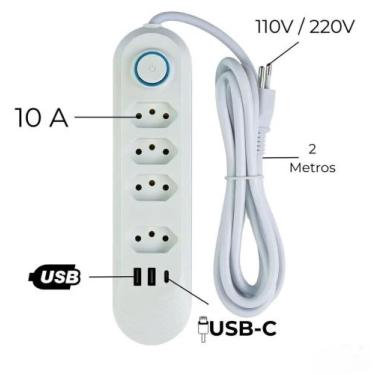 Imagem de Régua de energia com 4 Tomadas + 2 USB + 1 Tipo-C, Cabo 2 Metros, Filt