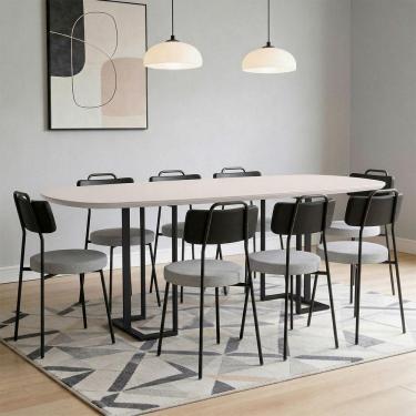 Imagem de Conjunto de Jantar Alina 8 Lugares Tampo em MDF com Cadeiras Barcelona Couríssimo e Linho Off White e Preto 200CM Lyam
