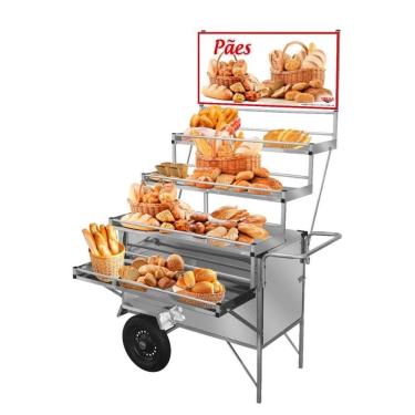 Imagem de Carrinho Expositor de Pães em Inox com Rodas Pneumáticas e Toldo
