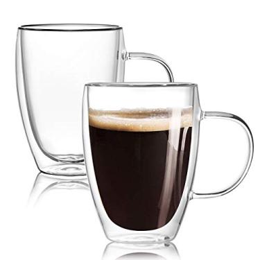 Imagem de Pacote com 2 canecas de café de vidro de parede dupla de 355 ml com alça, xícaras de café de camada isolada, canecas de vidro borossilicato transparente, perfeitas para cappuccino,