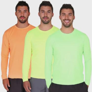 Imagem de Kit 3 Camisetas Neon Manga Longa Proteção Solar Uv50 Ice Tecido Gelado 1 Verde 1 Amarela 1 Laranja